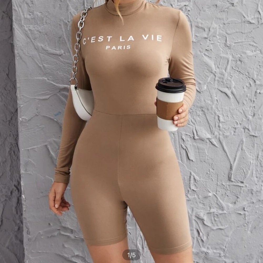 Paris graphic mock neck form fitting romper